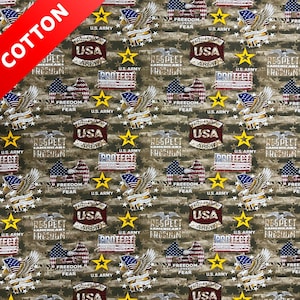 US Army Military Cotton Fabric - 44&quot; Wide - 100% Cotton - Sold by The Yard - for Veterans, Crafting, Quilting, Banners, Flags, Bandanas