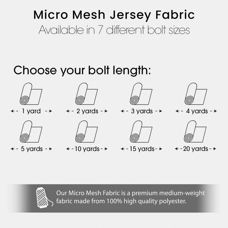 Puede incluir: Diagrama que muestra diferentes longitudes de rollo para tejido de jersey de micro malla. Las longitudes son 1 yarda, 2 yardas, 3 yardas, 4 yardas, 5 yardas, 10 yardas, 15 yardas y 20 yardas.