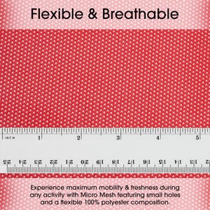 May include: Red fabric with a white dot pattern. The fabric is flexible and breathable. A ruler is placed on top of the fabric, showing the fabric is 5 inches wide.