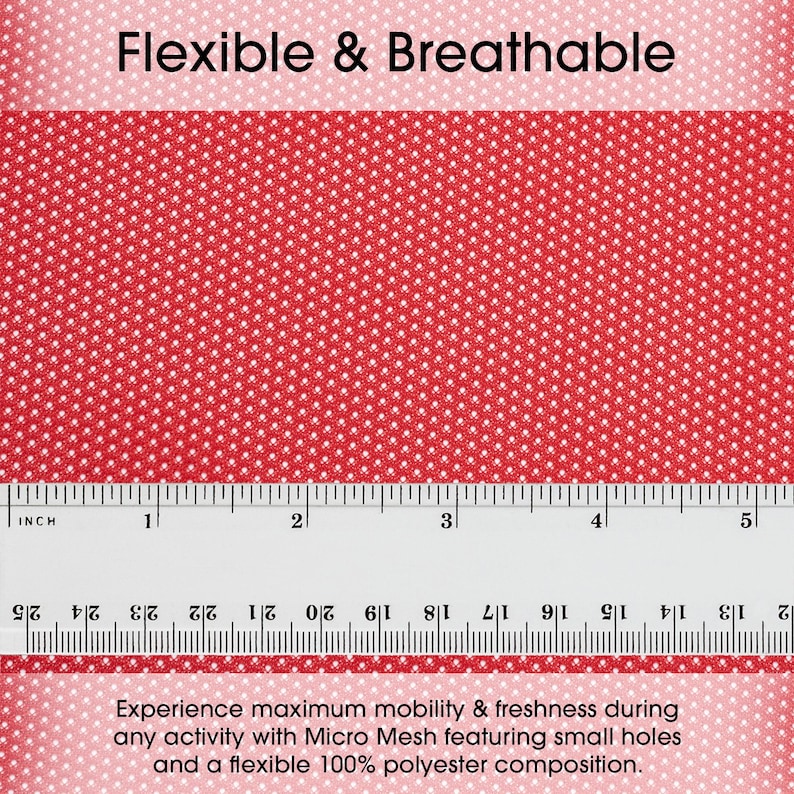 May include: Red fabric with a white dot pattern. The fabric is flexible and breathable. A ruler is placed on top of the fabric, showing the fabric is 5 inches wide.