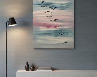 Lámina decorativa minimalista de pájaros para pared, pintura de cielo azul, decoración costera relajante, obra de arte de naturaleza serena, colección de expansión de Christina Walls.