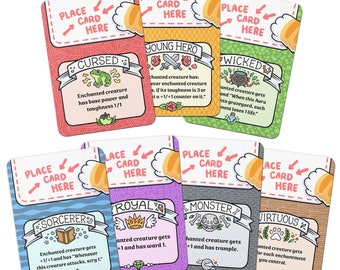May include: Eight colorful cards with a place card here arrow and text that reads "Cursed", "Young Hero", "Wicked", "Sorcerer", "Royal", "Monster", "Virtuous". Each card has a different illustration and text describing the card's effect.