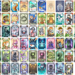 May include: A collection of fantasy-themed trading cards, each featuring a unique creature or character design. The cards have ornate borders and vibrant colors, with a variety of illustrations including animals, monsters, and mythical beings.