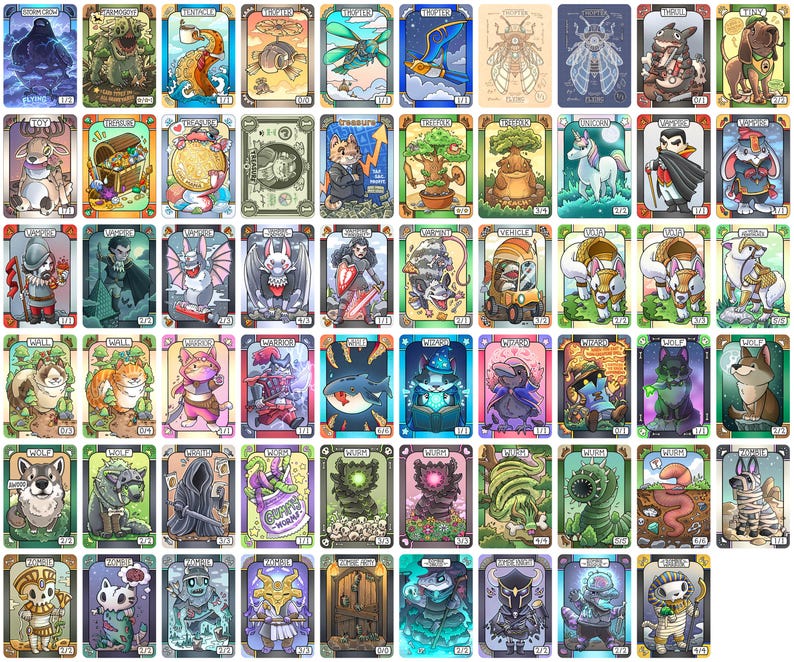 May include: A collection of fantasy-themed trading cards, each featuring a unique creature or character design. The cards have ornate borders and vibrant colors, with a variety of illustrations including animals, monsters, and mythical beings.