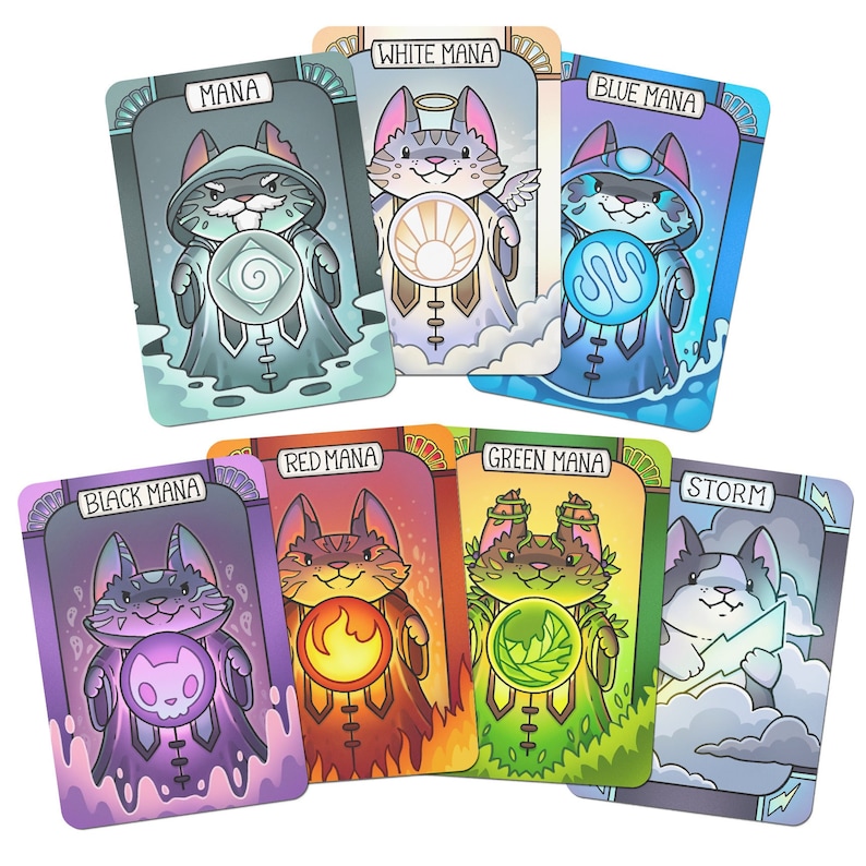 May include: Set of 8 illustrated playing cards featuring cats in various poses and colors. Each card has a different color and symbol, including black, white, blue, red, green, and storm. The cards are designed with a whimsical and cartoonish style.