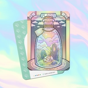 May include: A whimsical illustration of a glass bottle with a cork stopper, containing a miniature landscape with a sleeping cat. The bottle is labeled "PLAINS" and has a sun symbol on the side. The background is a gradient of pastel colors.