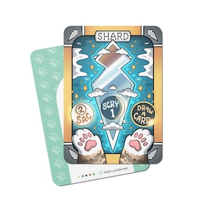 May include: A card game card with a blue and gold background. The card features a large shard of glass with a cloud and a star design. The card also has three buttons with the text "Scry 1", "Draw a Card", and "2 Sac".