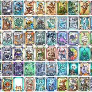 May include: A collection of illustrated trading cards featuring anthropomorphic animals in various costumes and settings. Each card has a unique design with vibrant colors and detailed artwork, showcasing fantasy and adventure themes.