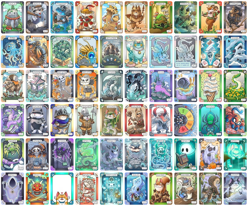 May include: A collection of illustrated trading cards featuring anthropomorphic animals in various costumes and settings. Each card has a unique design with vibrant colors and detailed artwork, showcasing fantasy and adventure themes.