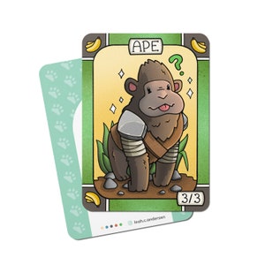 May include: A cartoon illustration of an ape wearing armor and holding a question mark. The card is green with a yellow background and has the text "APE" and "3/3".