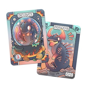 Puede incluir: Dos cartas ilustradas con un tema de fantasía. La primera carta muestra una criatura morada con ojos brillantes en un caldero con llamas. El texto de la carta dice "Incubate" y tiene el número "2". La segunda carta muestra una criatura negra con ojos brillantes y una espalda espinosa. El texto de la carta dice "Phyrexian" y tiene el número "0/0".
