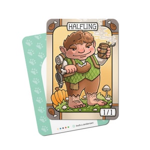 Könnte beinhalten: Eine Cartoon-Illustration eines Halblings, der eine Tasse mit dampfendem Getränk hält. Der Charakter trägt eine grüne Weste und eine braune Hose. Die Karte trägt oben das Wort "HALFLING" und unten "1/1".