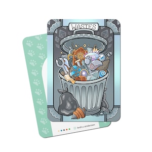 May include: A blue and silver card with the word "Wastes" at the top. The card features a cartoon illustration of a bin overflowing with various items, including a wrench, a sword, a shield, and a crown.