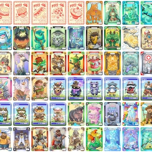 May include: A collection of illustrated trading cards featuring various fantasy creatures, food items, and characters. The cards have a variety of colors and designs, including a bear, a frog, and a hamburger.