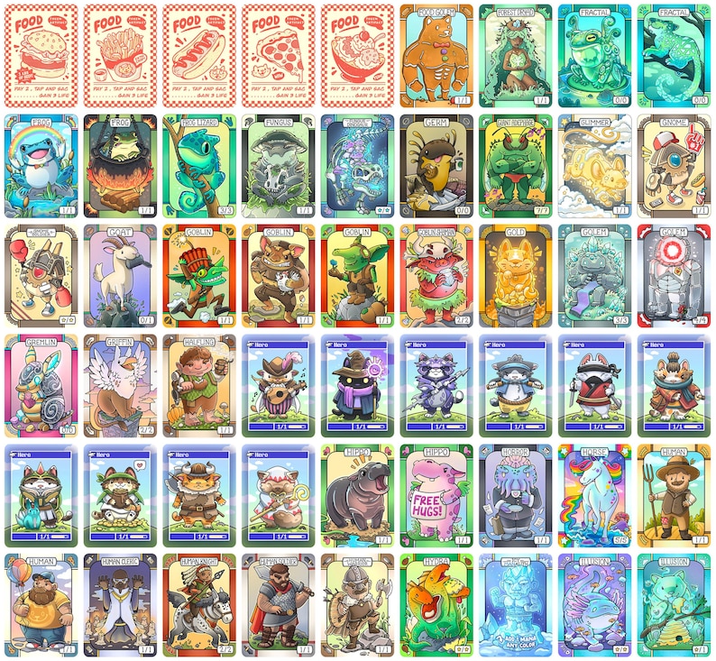 May include: A collection of illustrated trading cards featuring various fantasy creatures, food items, and characters. The cards have a variety of colors and designs, including a bear, a frog, and a hamburger.