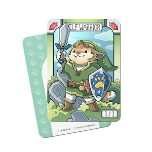 May include: A cartoon illustration of a cat-like elf warrior holding a sword and shield. The elf is wearing green clothing and has a brown and white fur pattern. The card is titled "Elf Warrior" and has a 1/1 power rating.
