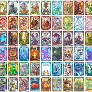 K&ouml;nnte beinhalten: Eine Sammlung farbenfroher Fantasy-Kunst-Sammelkarten. Jede Karte zeigt eine einzigartige Kreatur oder einen Charakter mit lebendigen Illustrationen und dekorativen R&auml;ndern. Die Karten sind im Fantasy-Stil gestaltet und zeigen verschiedene Fabelwesen und Elemente.