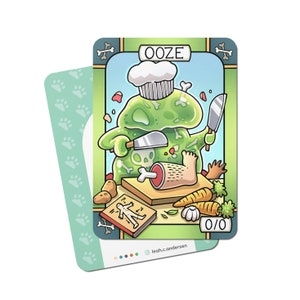 May include: A green ooze monster wearing a chef's hat and holding a knife, preparing a meal of a leg, carrots, and potatoes. The card reads "OOZE" and "0/0".
