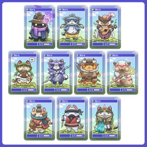 May include: Nine trading cards with cartoon cats dressed as heroes. Each card has a blue border and the word "Hero" at the top. The cats are shown with accessories such as hats, weapons, and musical instruments.
