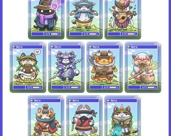 May include: Nine trading cards featuring cartoon cats in various heroic outfits. Each card has a blue border and the word "Hero" at the top. The cats are depicted with accessories like hats, weapons, and musical instruments.