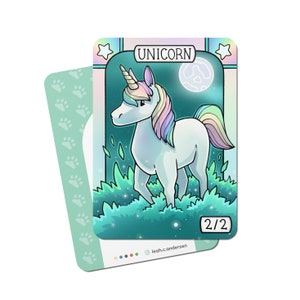 May include: A fantasy card game card featuring a white unicorn with a rainbow mane and tail. The card has a green background with stars and a moon. The card text reads "UNICORN" and "2/2".