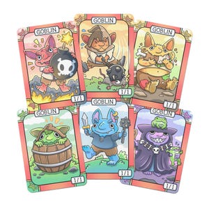 May include: Six rectangular game cards featuring cartoon goblin illustrations. Each card has a pink border, the text GOBLIN at the top, and 1/1 at the bottom. The characters include a goblin with a bomb, a mace, food, a barrel, a sword, and a robe.