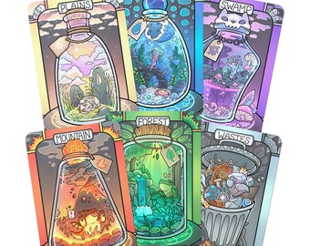 One of Each Basic Land // 6 Illustrated Cards for Magic the Gathering