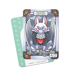 May include: A fantasy trading card featuring a white vampire demon with red eyes and a black and red suit. The card has a 4/3 power and toughness rating. The card is set against a dark background with a silver frame.