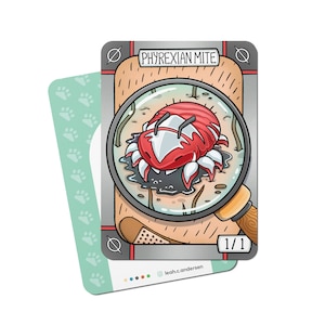 Puede incluir: Una carta de juego de cartas coleccionables con un fondo plateado y una imagen de lupa de una criatura Phyrexian Mite roja y blanca. El texto de la carta dice "Phyrexian Mite" y "1/1".