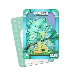 May include: A teal blue card with a cartoon illustration of a light blue and green creature with a beehive and bees. The card has the word "ILLUSION" at the top and "1/1" at the bottom.