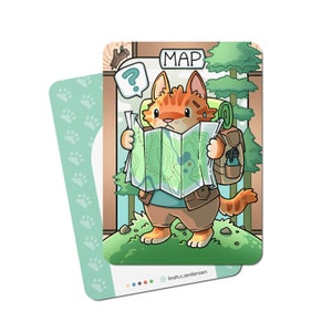 May include: A cartoon orange cat with a backpack is looking confused at a map in a forest. The map is green and has a red X on it. The cat is wearing a blue shirt and brown pants. The text "MAP" is written on a sign above the cat.