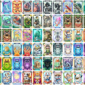 K&ouml;nnte beinhalten: Eine Sammlung von illustrierten Sammelkarten mit verschiedenen Fantasy-Kreaturen und -Charakteren. Jede Karte hat ein einzigartiges Design mit leuchtenden Farben und detaillierten Kunstwerken, die mit einem dekorativen Rahmen versehen sind. Die Karten scheinen Teil eines Sammelkartenspiels zu sein.