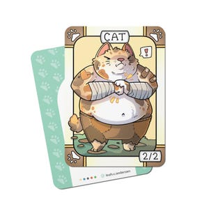 May include: A cartoon illustration of a cat with brown, white, and orange fur. The cat is wearing bandages and has a surprised expression. The card reads "CAT" and "2/2".