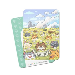 May include: A colorful illustration of a field of flowers with various dogs and cats peeking out. The text "PLAINS" is written on a banner in the center of the image. The artist's name, "leah.c.andersen", is written in the bottom right corner.