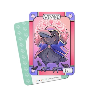 May include: A cartoon illustration of a black crow wearing a purple and blue wizard robe with a red gem on the chest. The crow is casting a spell with pink and purple flames. The card reads "WIZARD" and "1/1".