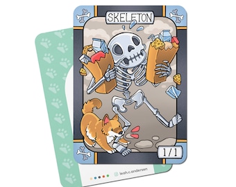 Op de afbeelding: Een cartoonillustratie van een skelet dat twee boodschappentassen draagt. Het skelet draagt een glimlach en een kleine hond volgt hem. De kaart heeft de titel "Skeleton" en heeft een beoordeling van 1/1.