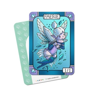 May include: A blue and purple illustrated card with a fairy holding a sword. The card has the word "FAERIE" at the top and "1/1" at the bottom.
