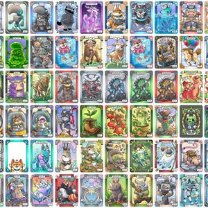 K&ouml;nnte beinhalten: Eine Sammlung von Fantasy-Sammelkarten mit verschiedenen Kreaturen und Charakteren in einem farbenfrohen, illustrierten Stil. Jede Karte hat ein einzigartiges Design mit einem Rand und einer Nummer.