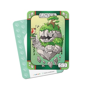 May include: A fantasy-themed card featuring a stone elemental with moss and a small tree on its head. A red bird sits on the elemental's hand. The card has the word "ELEMENTAL" at the top and "5/3" at the bottom. The card is green and white.