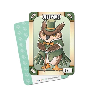 May include: A card game card featuring an illustration of an owl wearing a top hat and a bow tie. The card is green and gold with the text "CITIZEN" and "1/1".