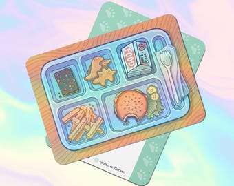 May include: A blue plastic lunch tray with a wooden frame. The tray is divided into five compartments. The compartments contain a hamburger, french fries, a box of milk, a chocolate bar, and a plate of animal crackers. The tray is on a green background with paw prints.