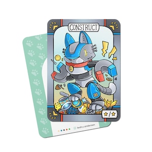 May include: A blue and silver robot cat with a red belt and magnetic arms. The robot is standing on a pile of coins and other objects. The card has the word "CONSTRUCT" at the top and a star rating of one star.