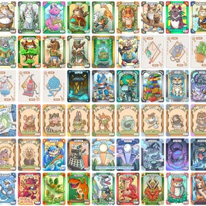 May include: A collection of illustrated trading cards featuring various cartoon animals and objects. The cards have a decorative border and include text such as "CAT", "COPY", and "CLUE". The artwork is colorful and whimsical, with a fantasy theme.
