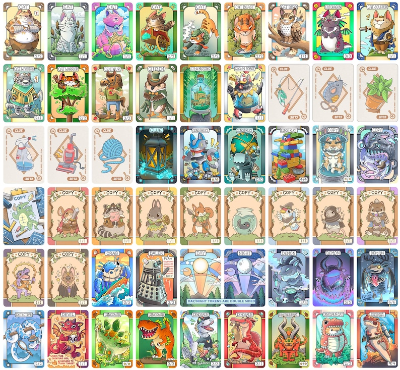May include: A collection of illustrated trading cards featuring various cartoon animals and objects. The cards have a decorative border and include text such as "CAT", "COPY", and "CLUE". The artwork is colorful and whimsical, with a fantasy theme.