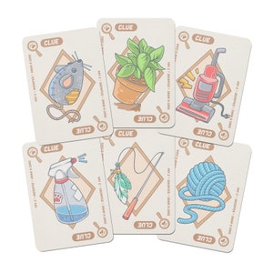 May include: Six illustrated cards with a paw print and the word "CLUE" on each card. Each card features a different pet toy: a stuffed mouse, a potted plant, a vacuum cleaner, a spray bottle, a feather wand, and a ball of yarn.