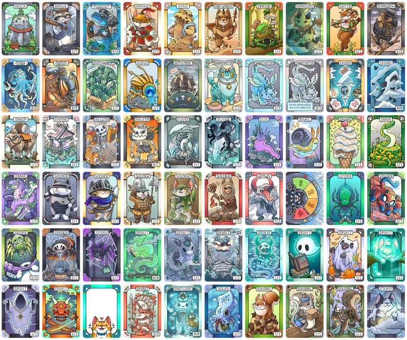 K&ouml;nnte beinhalten: Eine Sammlung illustrierter Sammelkarten mit anthropomorphen Tieren in verschiedenen Kost&uuml;men und Umgebungen. Jede Karte hat ein einzigartiges Design mit leuchtenden Farben und detaillierten Kunstwerken, die Fantasy- und Abenteuer-Themen zeigen.