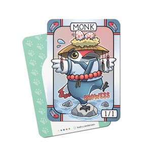 Może przedstawiać: Kreskówkowa ilustracja ptaka w szacie mnicha trzymającego sznur korali. Ptak stoi na skale z napisem "Monk" i "Prowess" na karcie. Karta ma również napis "1/1" w prawym dolnym rogu.