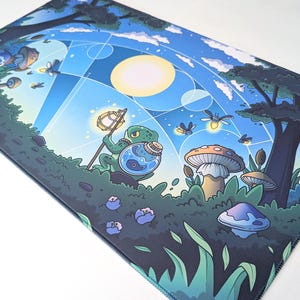 May include: A green frog with a lantern and a jar holding a fish is walking through a forest at night. The forest is filled with glowing mushrooms and fireflies. The moon is shining brightly in the sky.