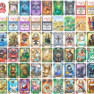 K&ouml;nnte beinhalten: Eine Sammlung von Fantasy-Sammelkarten mit verschiedenen Illustrationen. Die Karten zeigen Kreaturen, Landschaften und Text, mit einem einheitlichen Design, einschlie&szlig;lich R&auml;ndern und Beschriftungen wie "ALLY" und "ANGEL". Die Farbpalette umfasst Blau-, Gr&uuml;n- und Braunt&ouml;ne.