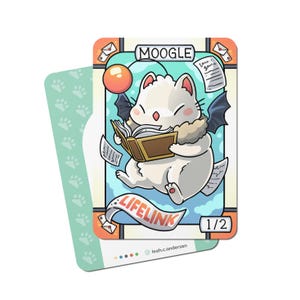 May include: A trading card featuring a white cartoon cat with bat wings, reading a book. The card has the word "MOOGLE" at the top and "LIFELINK" on a banner. The card is 1/2. The back of the card has a pattern of green paw prints.